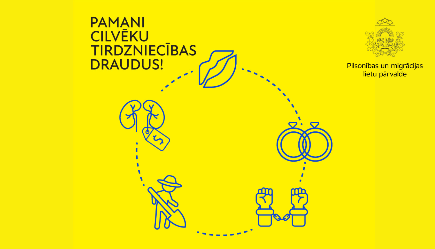 Dzeltens kampaņas vizuālis ar uzrakstu: "pamani cilvēku tirdzniecības draudus"