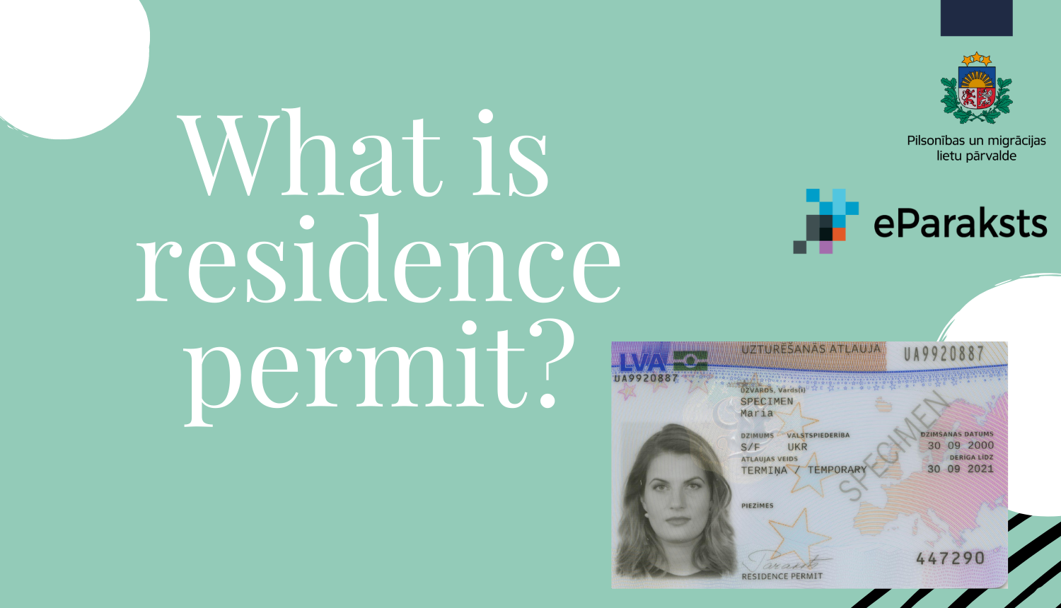 Vizuāls materiāls ar uzturēšanās atļaujas kartes fotogrāfiju un uzrakstu angliski "What is residence permit?"